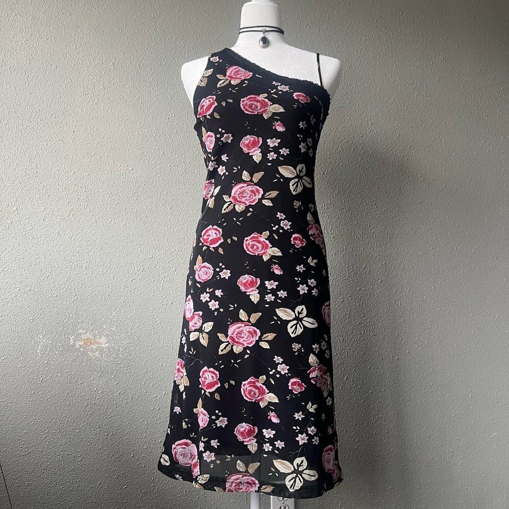 Italian vintage Y2K pink and black rose floral mesh midi dress